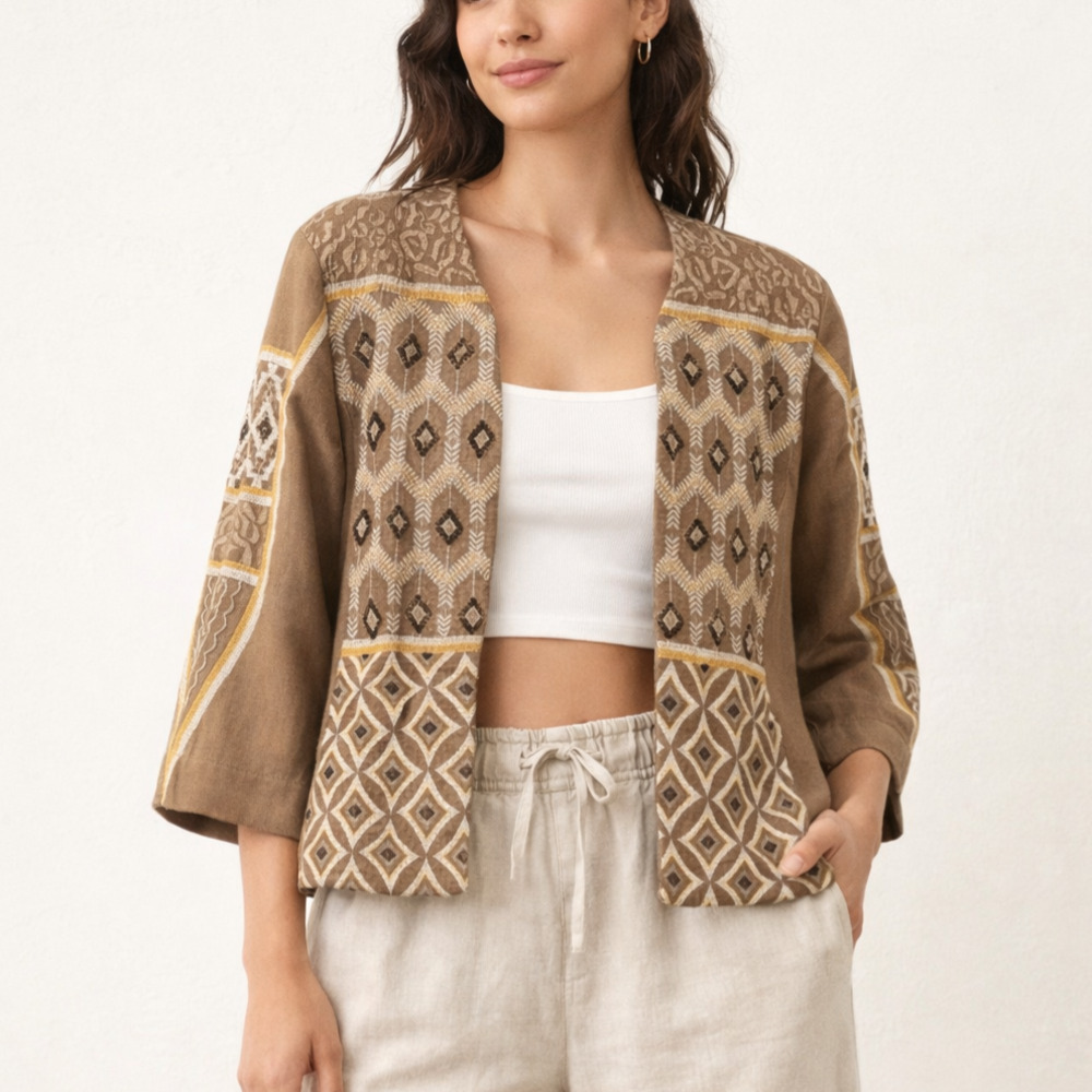 Chico’s Boho Linen Beaded Jacket Embroidered Open Front Size Large 12